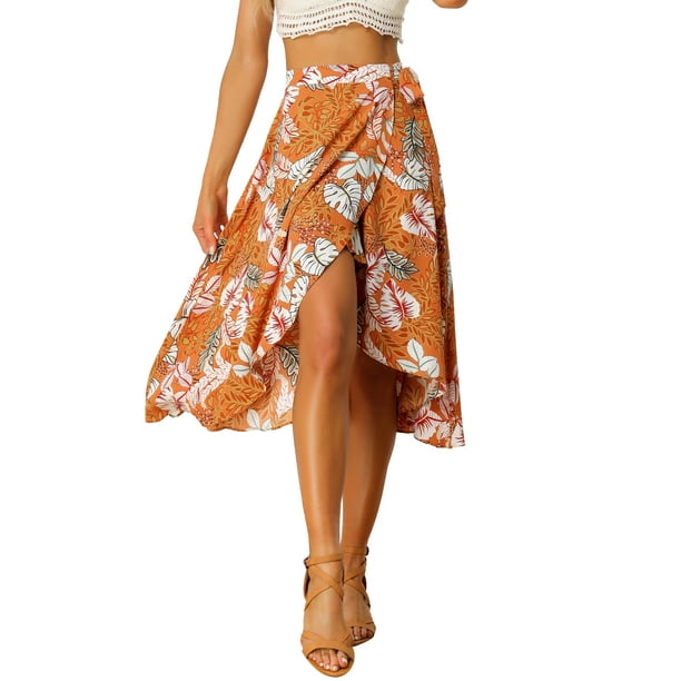 Falda Cruzada A Media Pierna Floral Hawaiana Tropical Bohemia Para Mujer Naranja L