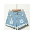 thumbnail image 1 of Shorts en Jean Élastiques pour Femmes Taille Haute en Denim Délavé Ourlet Effiloché avec Franges, 1 of 2