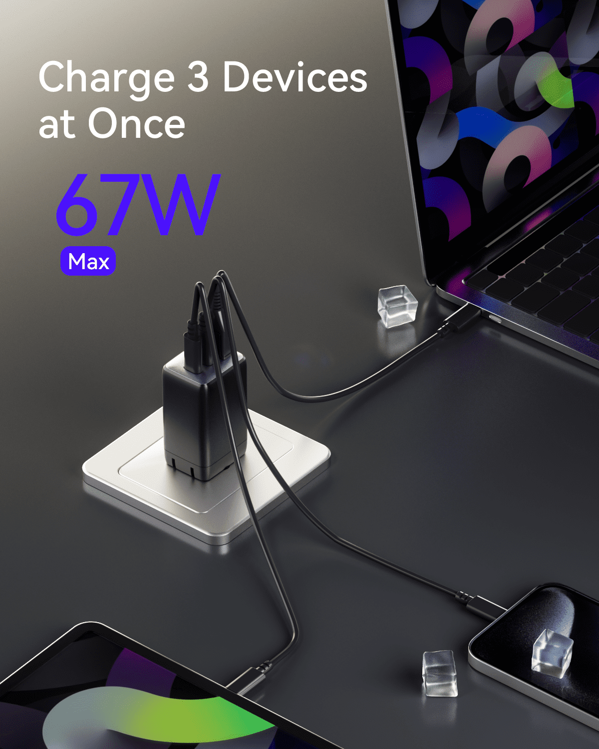 wegear 67W Multi-Port USB C Charger GaN Fast Charger Type C Block 3 in 1 Fast Wall Charger plug,Black