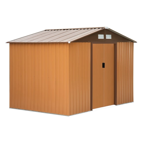Outsunny 9' x 6' Garden Storage Shed with Foundation Kit, Metal Tool Storage House with Double Doors for Outdoor Patio Yard, Yellow