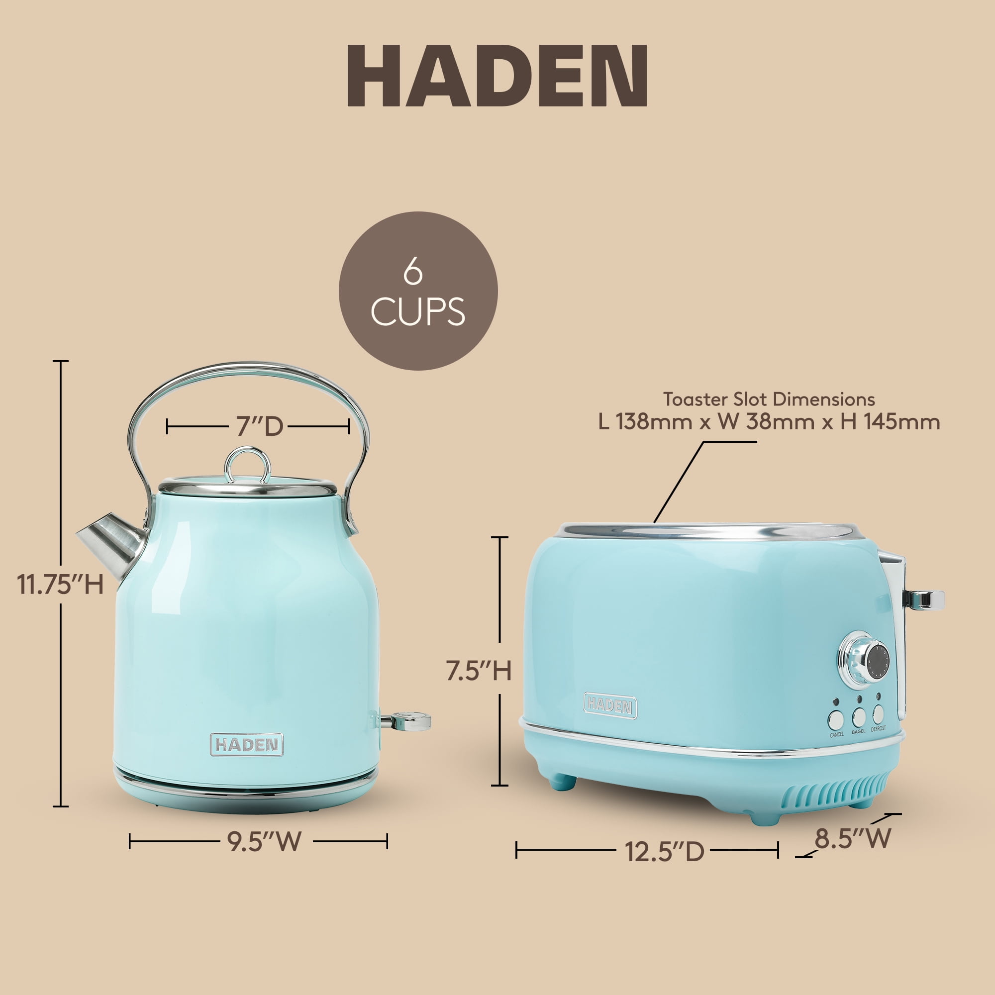 Haden Heritage 1.7 Liter Stainless Steel Kettle with Toaster, Turquoise