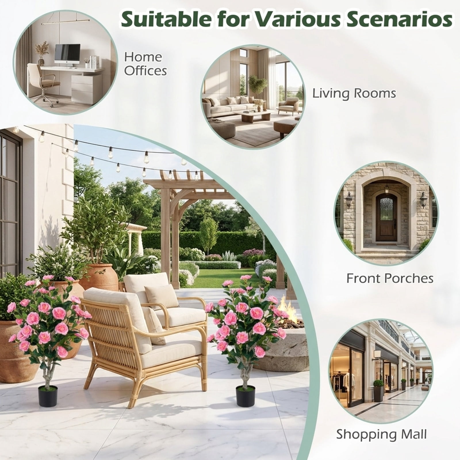 Vebreda Artificial Plant Decor, 39.5" Artificial Camellia Tree with Orange Blossoms in Cement Pot for Home Decoration, Selected Materials