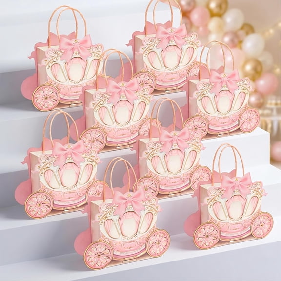 Cheerland Princess Party Bags Pink Gold Carriage Shaped Goodie Bag with Handles Candy Treat Goody Bag Party Favors Princess Gift Bags for Baby Shower Bachelorette Birthday Party Supplies 8 Pcs