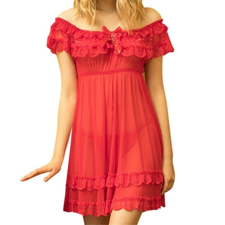 

DORKASM Plus Size Lingerie Mesh Babydoll Womens Lace Sexy Nightdress Off the Shoulder Teddy Sleepwear Red XXXXL