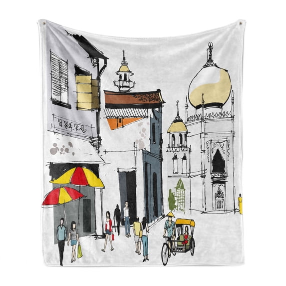 East Soft Flannel Fleece Blanket, Hand Drawn Illustration of Old Singapore Traditional Building People Umbrellas Travel, Cozy Plush for Indoor and Outdoor Use, 50" x 60", Multicolor, by Ambesonne