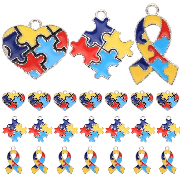 OUNONA 24Pcs Alloy Autism Awareness Charms for Jewelry Crafting, Assorted Color Pendants for Accessories and Decorations