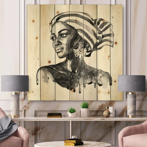 Designart 'Portrait of Afro American Woman XII' Modern Print on Natural Pine Wood