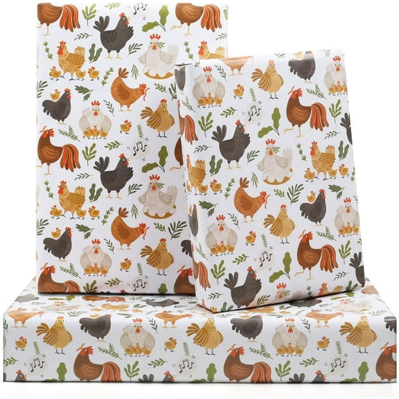 Farm Hen Wrapping Paper for Boys Girls Kids, Rustic Farm Animal Rooster Hen Chicken Chick Pets Birthday Paper 6 Sheets Folded Flat 20x28 inches per Sheet for Birthday Party Baby Shower Supplies
