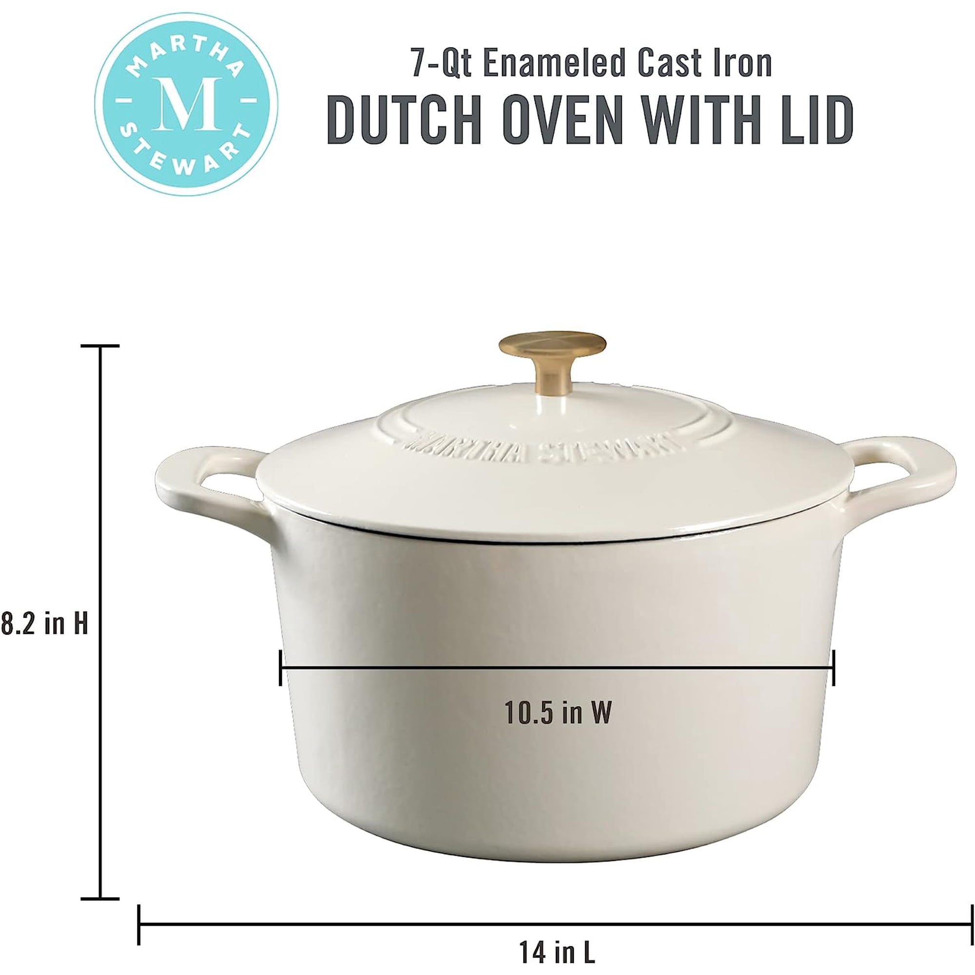 Martha Stewart Gatwick 7 QT Enameled Cast Iron Dutch Oven - Linen W/ Gold Knob