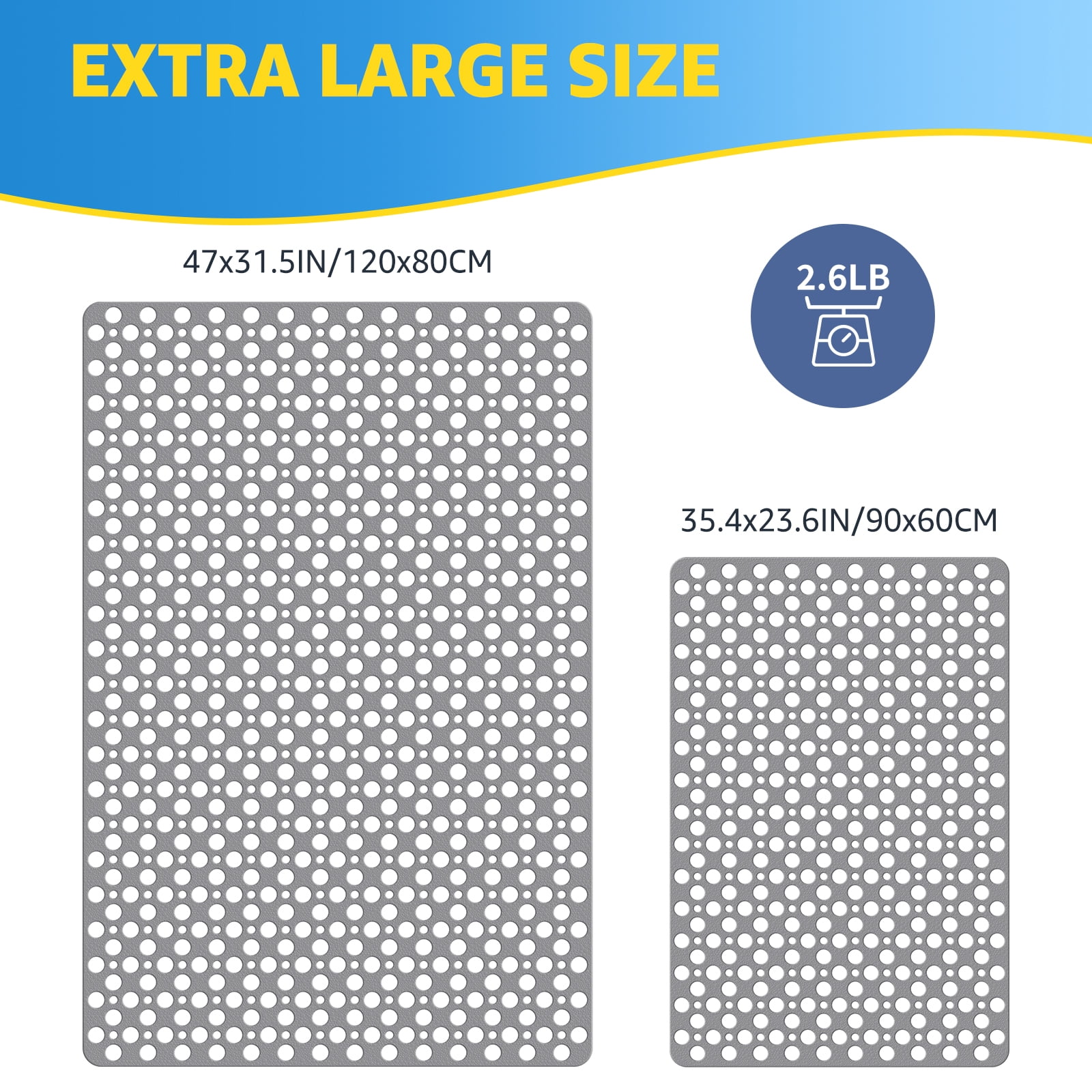 OTHWAY Large Shower Mat, 35x24 TPE Anti Slip Shower Mat, Heavy Bath Mats for Shower with Drain Holes Suction Cups, Shower Stall Mat for Bathroom, No Odor Shower Grip Mat for Elderly Kids(Dark Grey)
