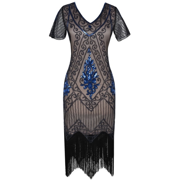 PrettyGuide Women's 1920s Sequin Flapper Dress - Art Deco Gatsby Dress With Beaded Sleeves, Fringe Hem