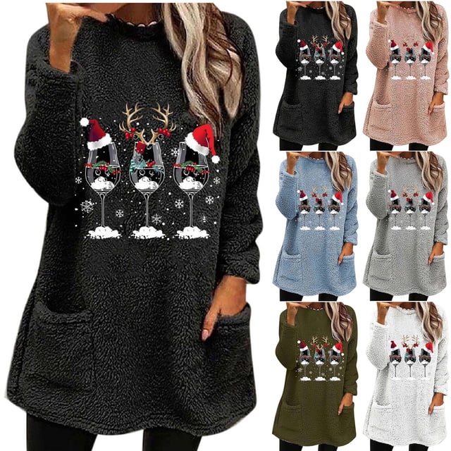 CFLVAEK Chandails de Noël pour Femmes Grande Taille en Molleton Duveteux, Chandails Chauds d'Hiver à Col Rond, Chandail à Imprimé Verre de Vin Rouge, Chandails avec Poches, Noir G