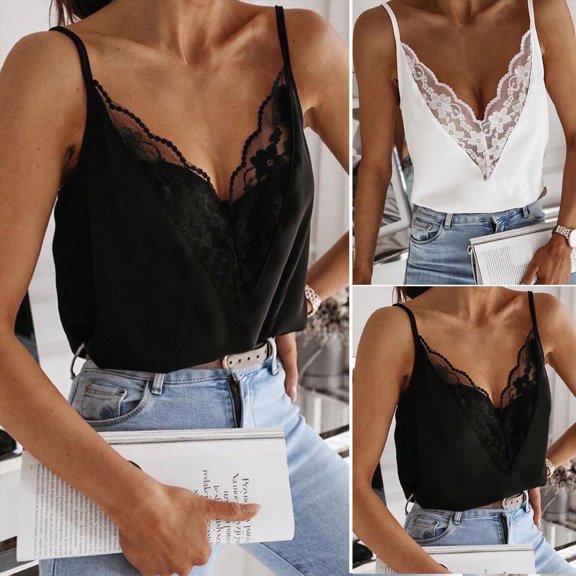 COMVALUE Women's Satin Camisole Lace Silk Satin Pajama Tank Tops V Neck Soft Spaghetti Strap Loose Sleepwear Black XL