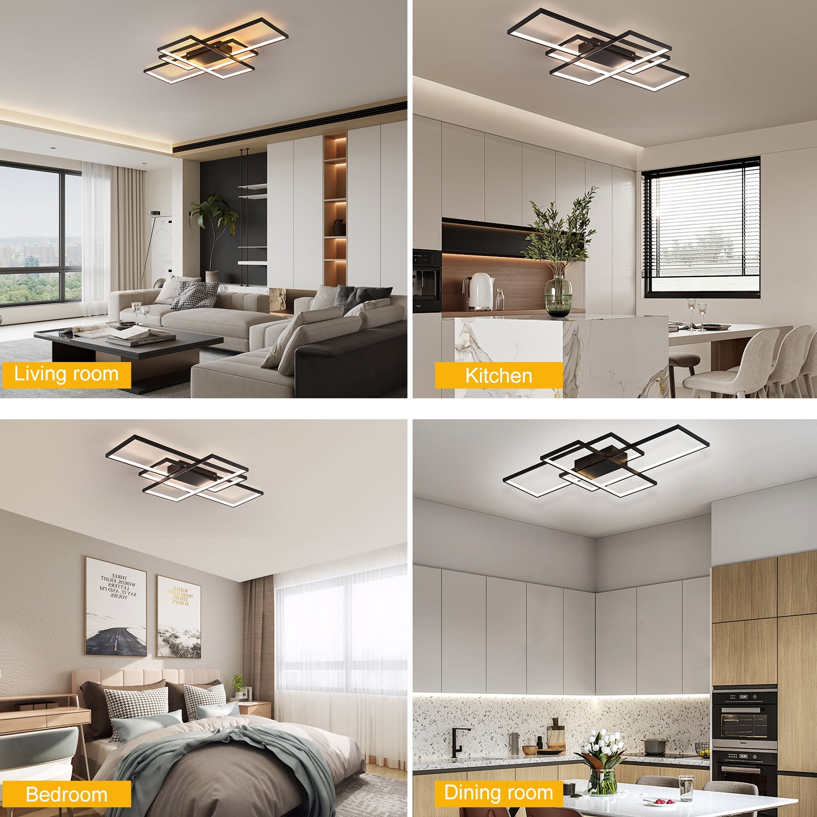 Garwarm 35.4in. Black 3-Square LED Ceiling Light with Remote, 50W Dimmable Flush Mount Ceiling Light, Modern Acrylic Fixture for Living Room Bedroom Kitchen