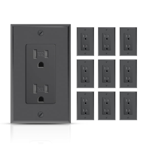 TOPELER Black Decorator Wall Receptacle Outlet, 15A Duplex Standard Tamper-Resistant Electrical Outlet, Self-Grounding, 2-Pole, 3-Wire, Wall Plate In
