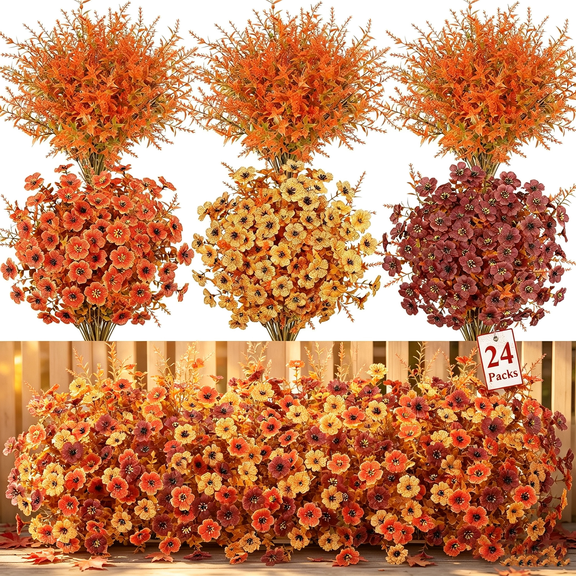 24 Pack UV-Resistant Artificial Fall Flowers with Eucalyptus for Patio, Cemetery & Thanksgiving Decor (6 Orange 6 Yellow 6 Brown 6 Eucalyptus)