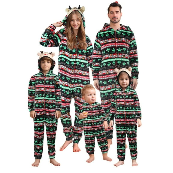 Onlypjs Family Matching Christmas Pajamas – Black, Red & Green Hooded One-Piece Holiday Sleepwear with Festive Print for Women, Men, Couples