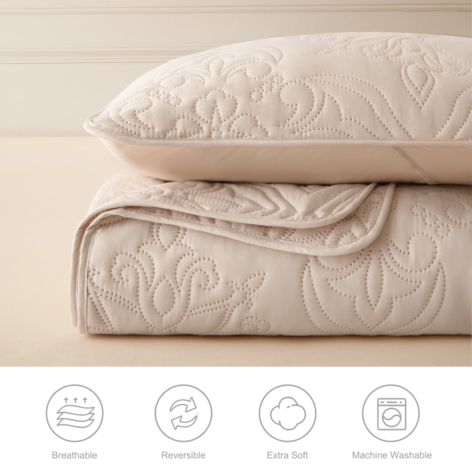 Whale Flotilla Soft King Quilt Bedding Set for All Seasons, Elegant Vintage Damask Ultrasonic Quilts Set, Lightweight Reversible Bedspread, Coverlet, Bed Cover with 2 Pillow Shams, Brich Beige