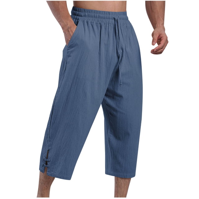 Pantalones largos de moda para hombre, casuales, de color sólido, con bolsillos, elásticos, deportivos, de lino y algodón.
