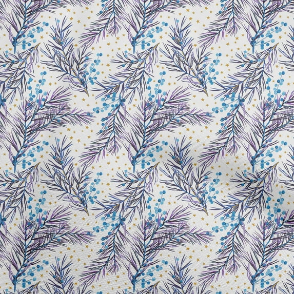 oneOone Cotton Cambric Bluish Violet Fabric Leaves,Bell & Baubles Sewing Material Print Fabric By The Yard 56 Inch Wide