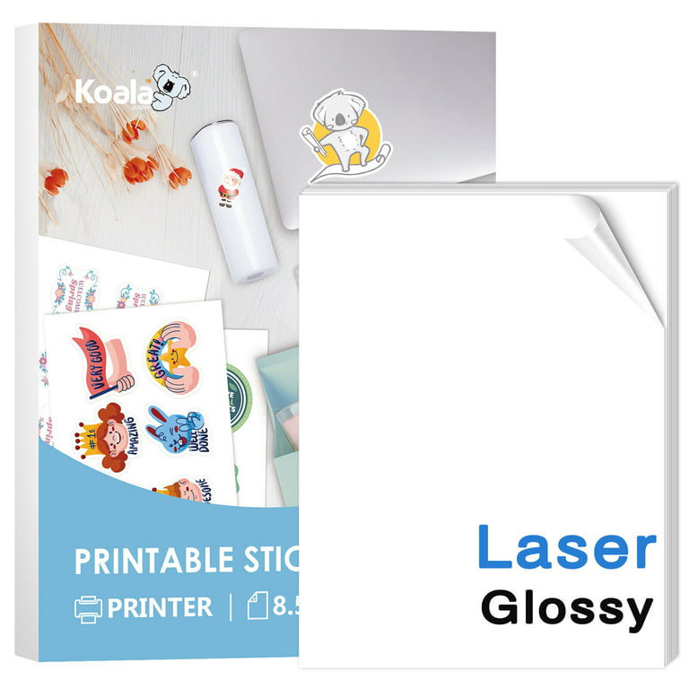 Koala Printable Vinyl Sticker Paper for Inkjet Printer - 50 Sheets White Glossy Sticker Paper, Waterproof Sticker Printer Paper 8.5x11 inch, Tear