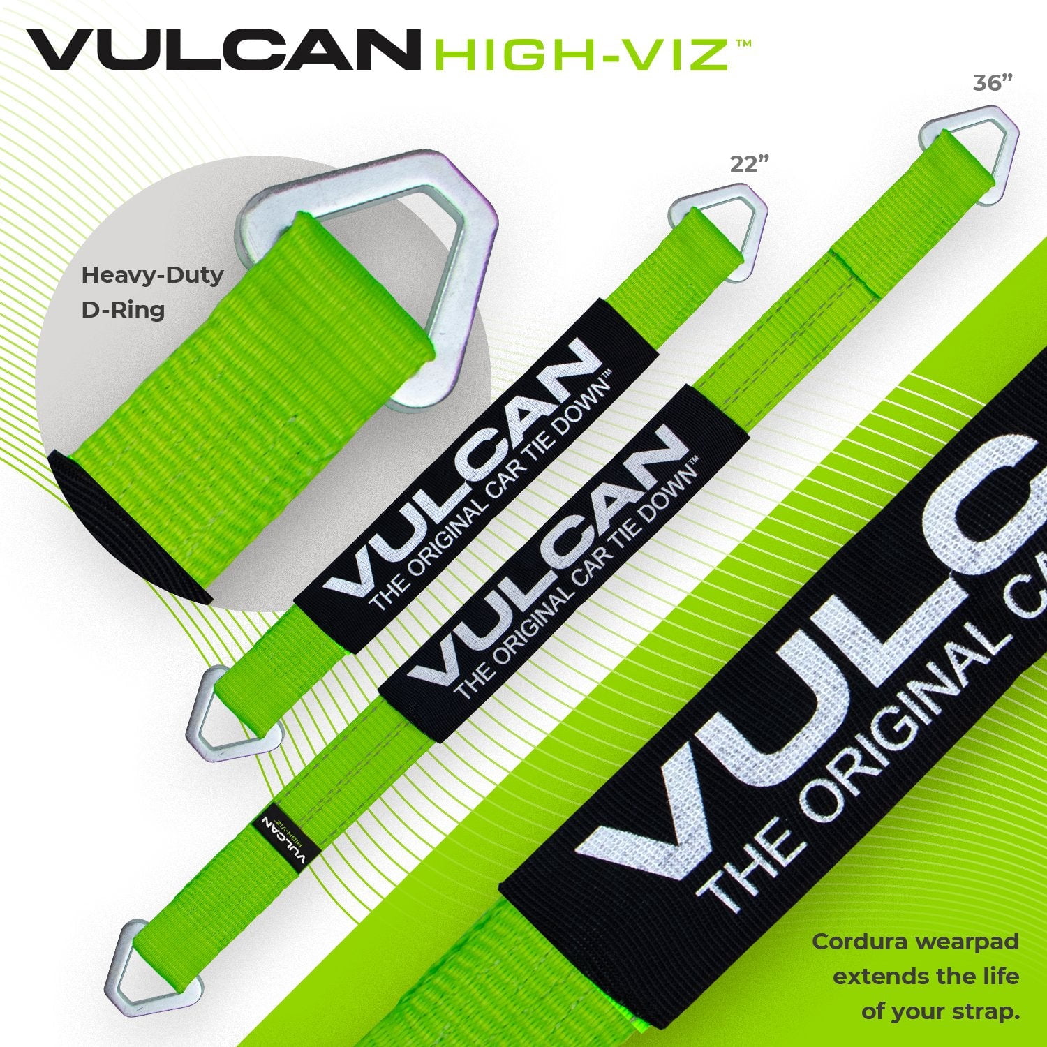 VULCAN Complete Axle Strap Tie Down Kit, Wire Hook Ratchet Straps, High-Viz, (4) 22 inch Axle Straps, (4) 36 inch Axle Straps, and (4) 15' Wire J Hook Ratchet Straps