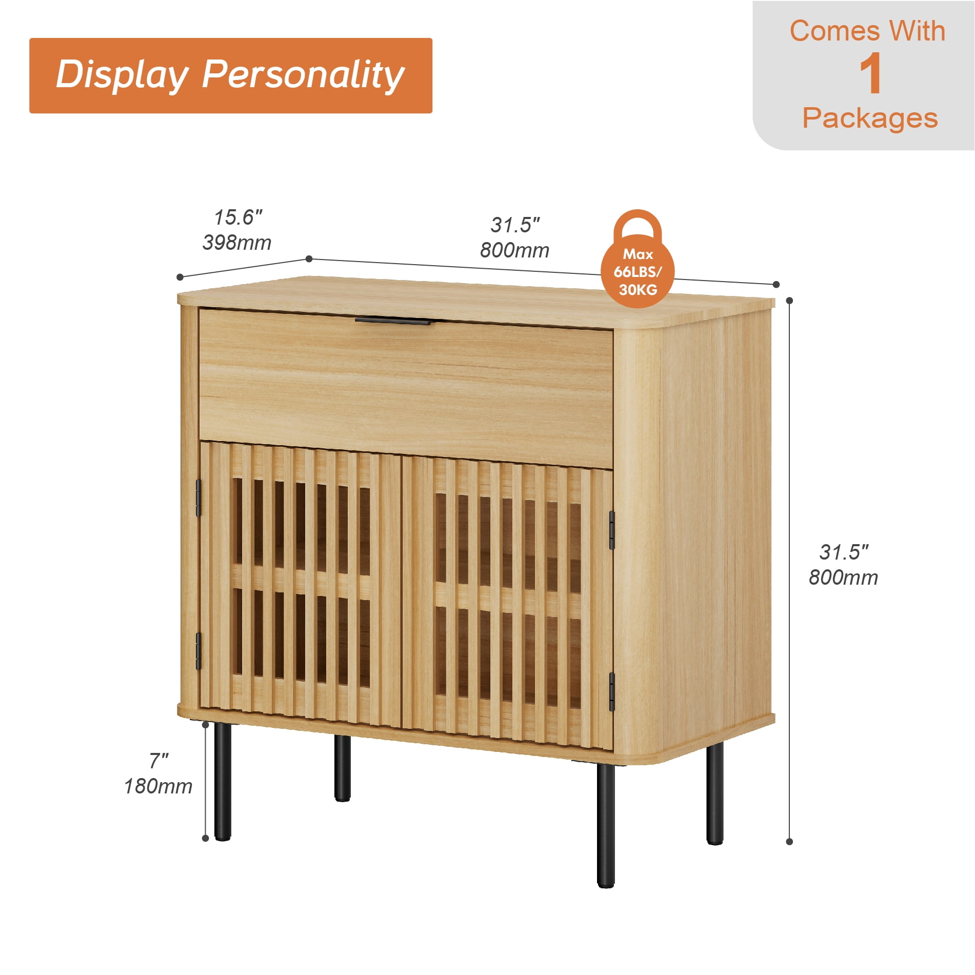 31.5" Sideboard Buffet Cabinet with Storage - Fluted Kitchen Credenza Cabinet with Pop-up Doors and Drawer, Oak