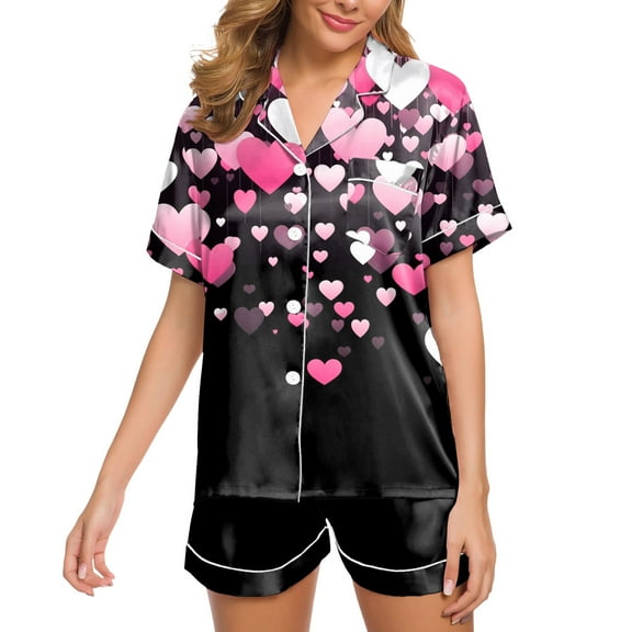 Women Sleepwear Silk Satin Women's Valentine's Day Button Down Pajama Set Lapel Collar Short Sleeve Shorts Soft Sleepwear Pajama Sets for Women Black L
