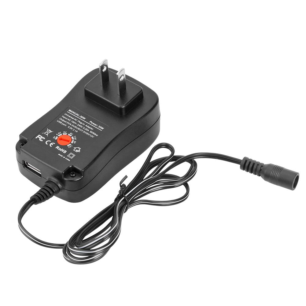 3-12V Adjustable Power Adapter 30W DC Plug-in Charger w// USB Port