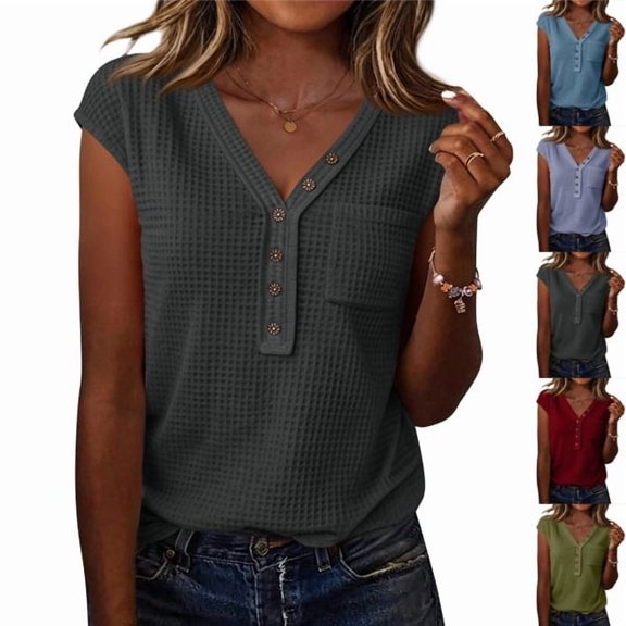 Womens Waffle Tank Top Sleeveless Henley Shirts 2026 Summer Loose Button Up V Neck Dressy Casual Tops Clothes,Dark Gray XL