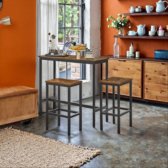 Bar Table and Chairs Set, Rustic Brown & Ink Black, Industrial Steel Frame, Kitchen Bar Height, Set of 2 Stools.