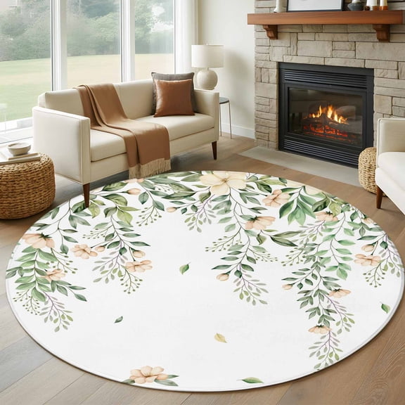 Large Round Rug 8Ft Washable Non-Slip, Green Eucalyptus Leaves Circle Area Rugs for Living Room Bedroom, Spring Floral Weeping Farmhouse Indoor Floor Mats Carpet Runner for Home Decor