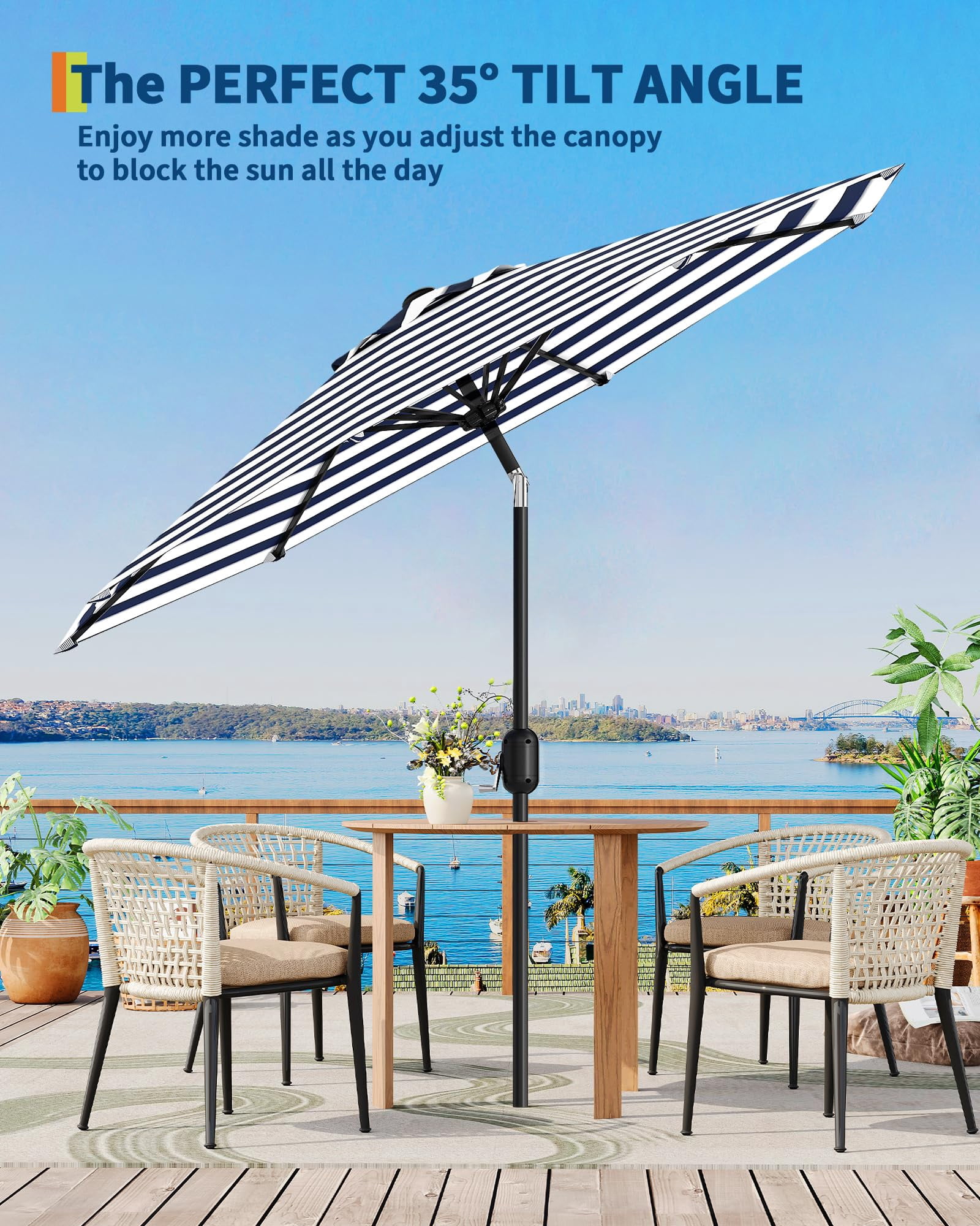 9FT Large Outdoor Patio Umbrella Market Table Umbrella-UV Resistant, Easy Push Button Tilt and Crank, 8 Ribs Heavy-Duty Pool Umbrella for Deck, Backyard,Garden