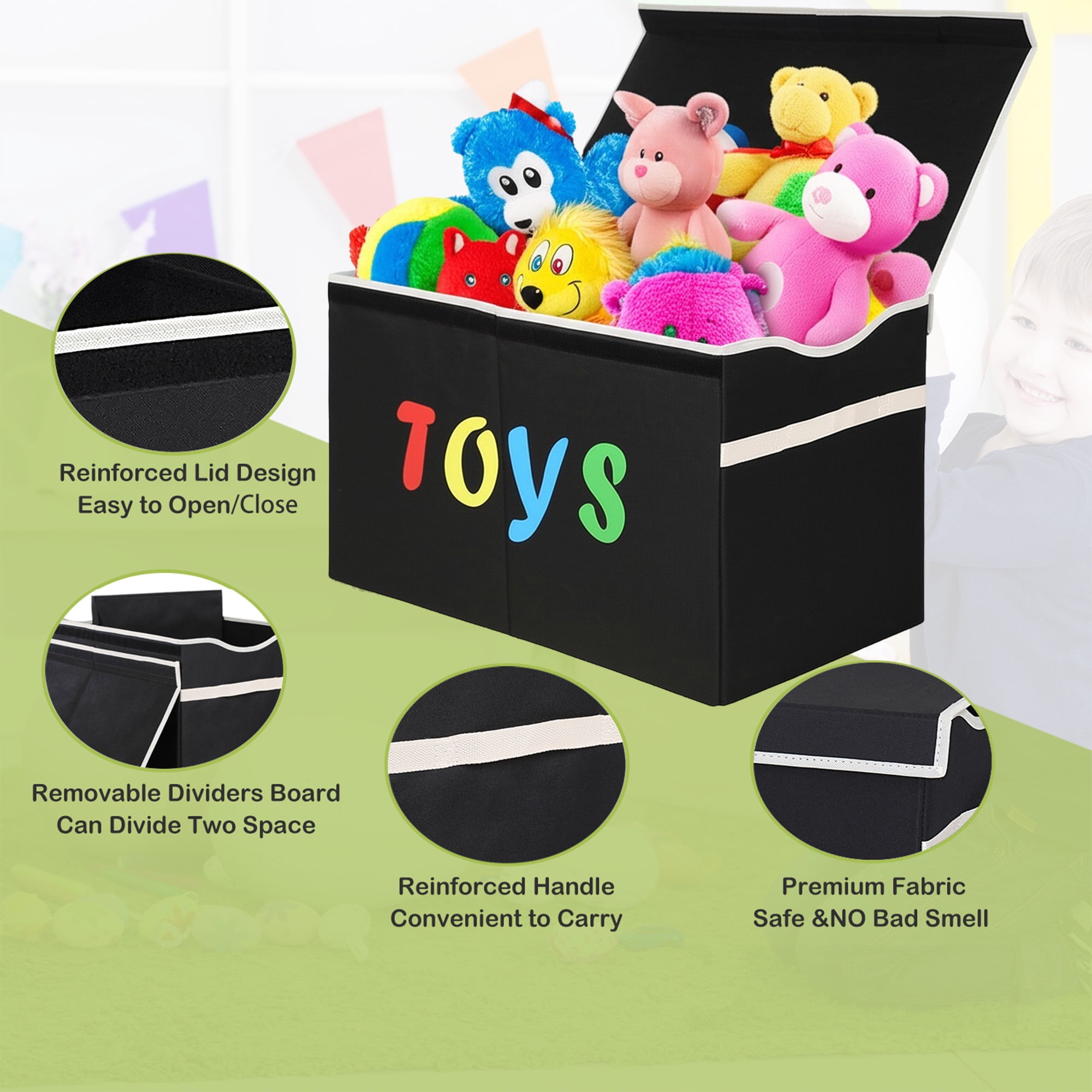 VICTORICH Extra Large Child Collapsible Toy Storage Fabric 32 gal Kids Room Toy Chests with Lid, Black