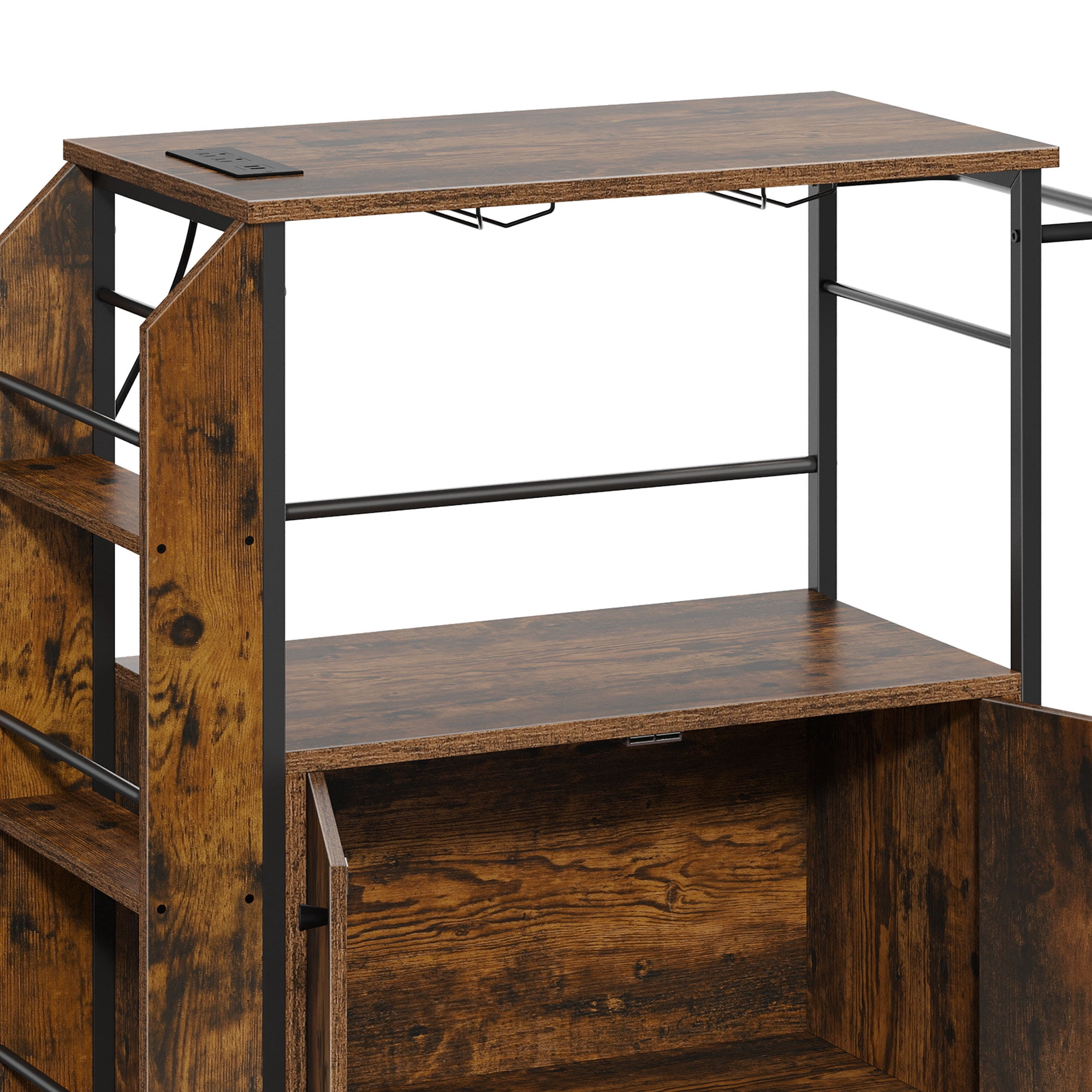 ModFusion 36" Modern Rolling Kitchen Island Cart with Power Outlet, Microwave Stand, Spice Rack, Open Shelves & Swivel Casters – Kitchen Serving & Storage Cart