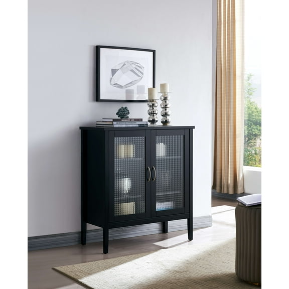 Kings Brand Furniture Simple 2 Door Wood/Glass Accent Cabinet, Black