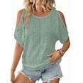 thumbnail image 2 of Women'S Cold Shoulder Eyelet Tops Crew Neck Batwing Sleeve T-Shirts Textured Knit Green S, 2 of 9