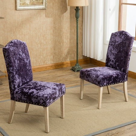 Style Solid Wood - Roundhill Furniture Caen Nail Head Urban Style Solid Wood Ice Velvet Fabric Padded Parson Chairs Set of 2, Purple