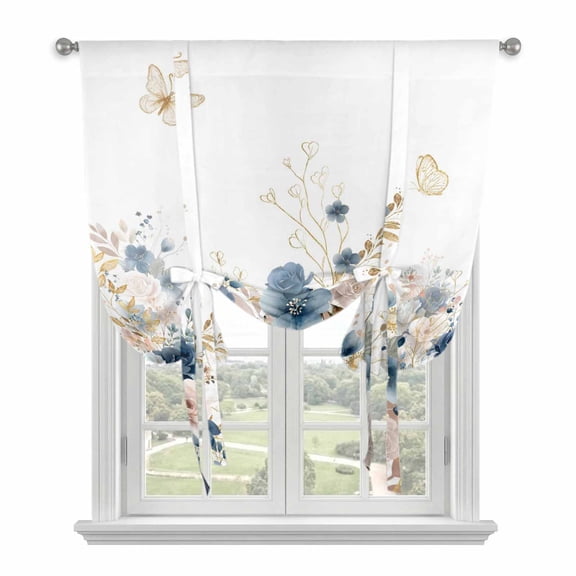 Navy Blue Spring Floral Tie Up Curtains for Windows, Adjustable Balloon Window Shades, Elegant Pastoral Flowers Watercolor Kitchen Window Treatments Farmhouse Short Curtains with Rod Pocket 42"x45"