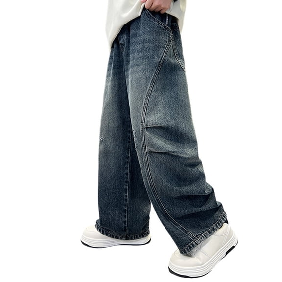 VNKIDY Girls Boys Jeans Unisex Kids Dark Vintage Wash Baggy Jeans Flap Pockets Loose Fit Denim Pants For Casual StreetWear Cozy Bottoms Blue 6-7 Years