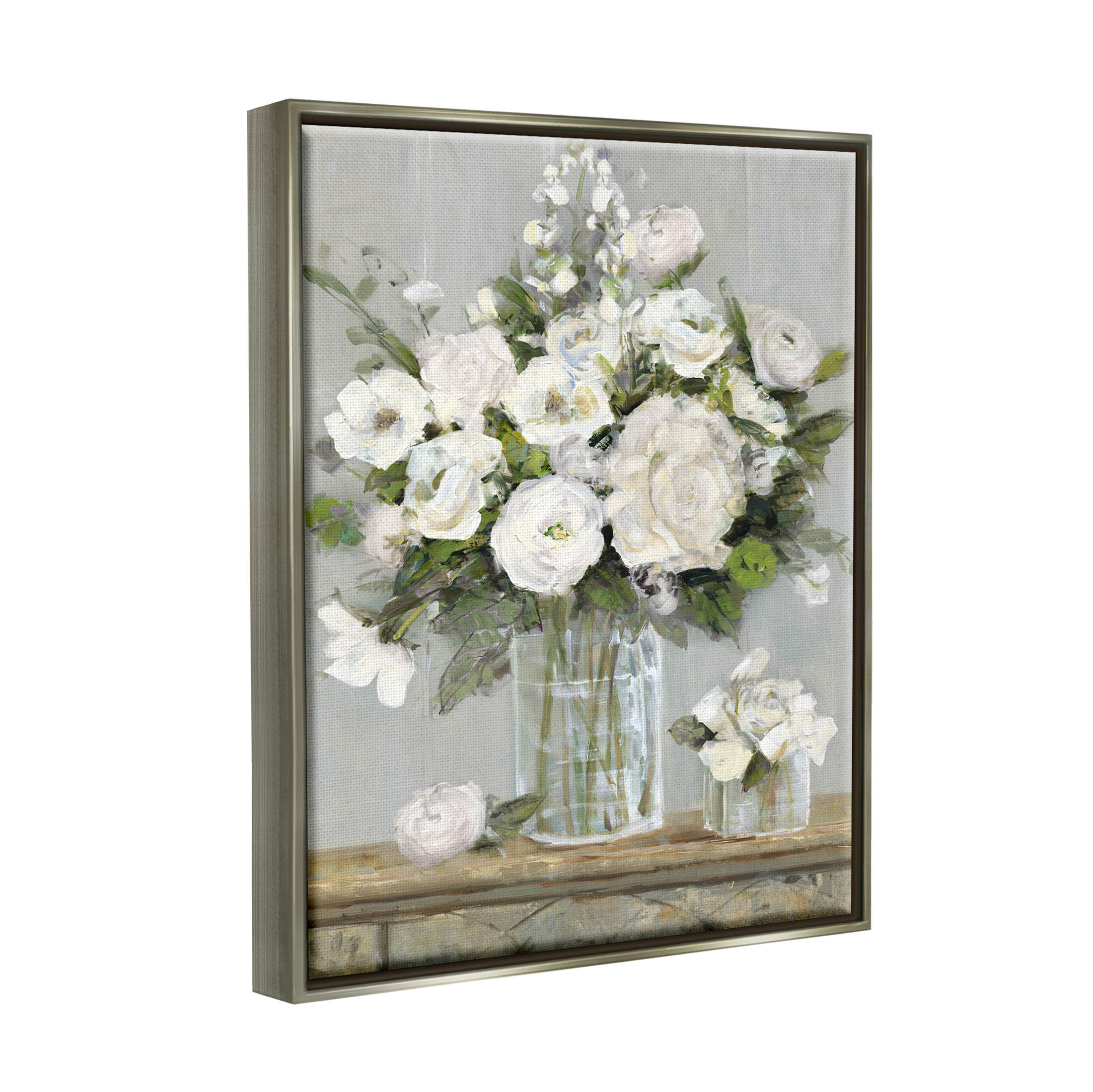 Stupell Industries Country White Floral Scene Painting Luster Gray Floating Framed Canvas Print Wall Art, Design by Sally Swatland