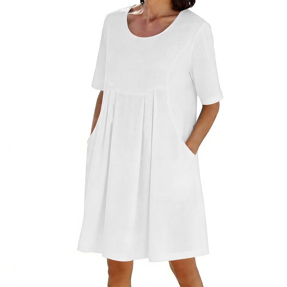 Hduncf Dress for Women Fashion Crewneck Short Sleeve Midi Dresses Summer Casual Work Business Tshirt Dress with Pockets White XL