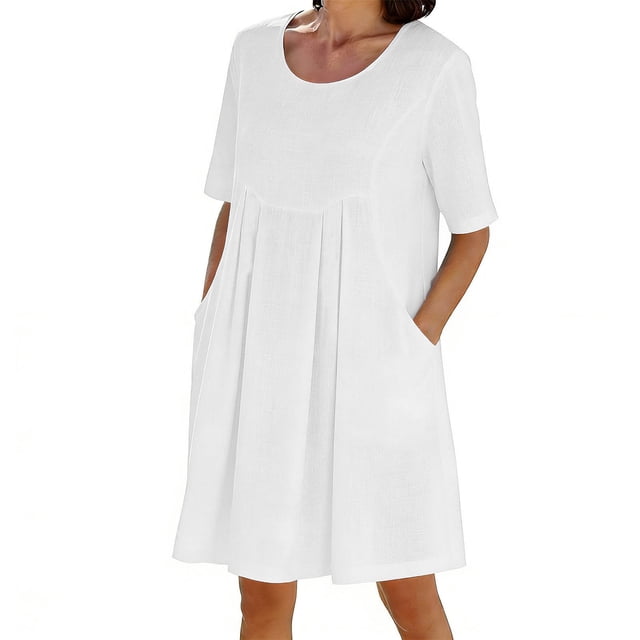 Dazajoo Robe Midi à Manches Courtes pour Femmes, Décontractée, Col Rond, Robe d'Été en Lin avec Poches, Unie, Détente, Blanc, P