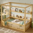 thumbnail image 2 of Newest Canopy Montessori Kids Floor Bed Full Size with Guardrails and Shelves, Solid Wood Whimsical Design,Natural, 2 of 11