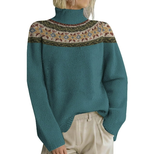 WTXUE Chandail Ample à Col Roulé Fair Isle pour Femmes Doux Rétro Tricoté avec Motif Nordique Coupe Ample Décontractée Tunique Chandails Tenues d'Automne Vêtements d'Hiver Bleu TG
