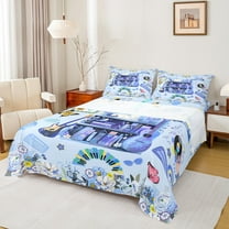 Manfei Teen Musical Note Full Size Sheets, Princess Butterfly Floral Bed Sheets, Blue Guitar Music Sheet Sets, Ultra Soft Home Decor, 4 Pieces