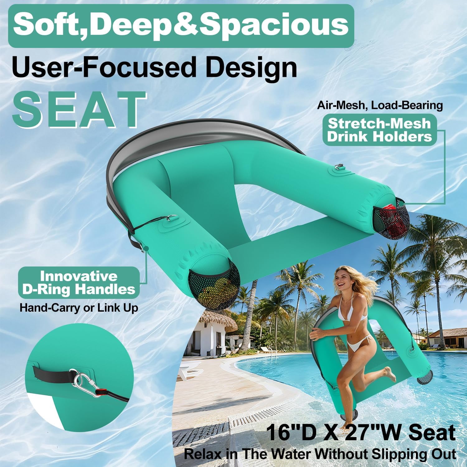 Pipopa Adult Inflatable Pool Floats&nbsp;with UPF50+ & Rain Canopy,2 Large Drink Holders,Inflatable Lounger Float for Swimming Pool,Beach,Party,Green