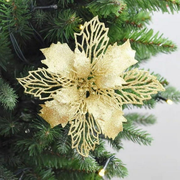Pack of 6 Glitter Artificial Poinsettia Flowers Christmas Wreath Christmas Tree Flowers Ornaments 4’’(10cm) Diameter