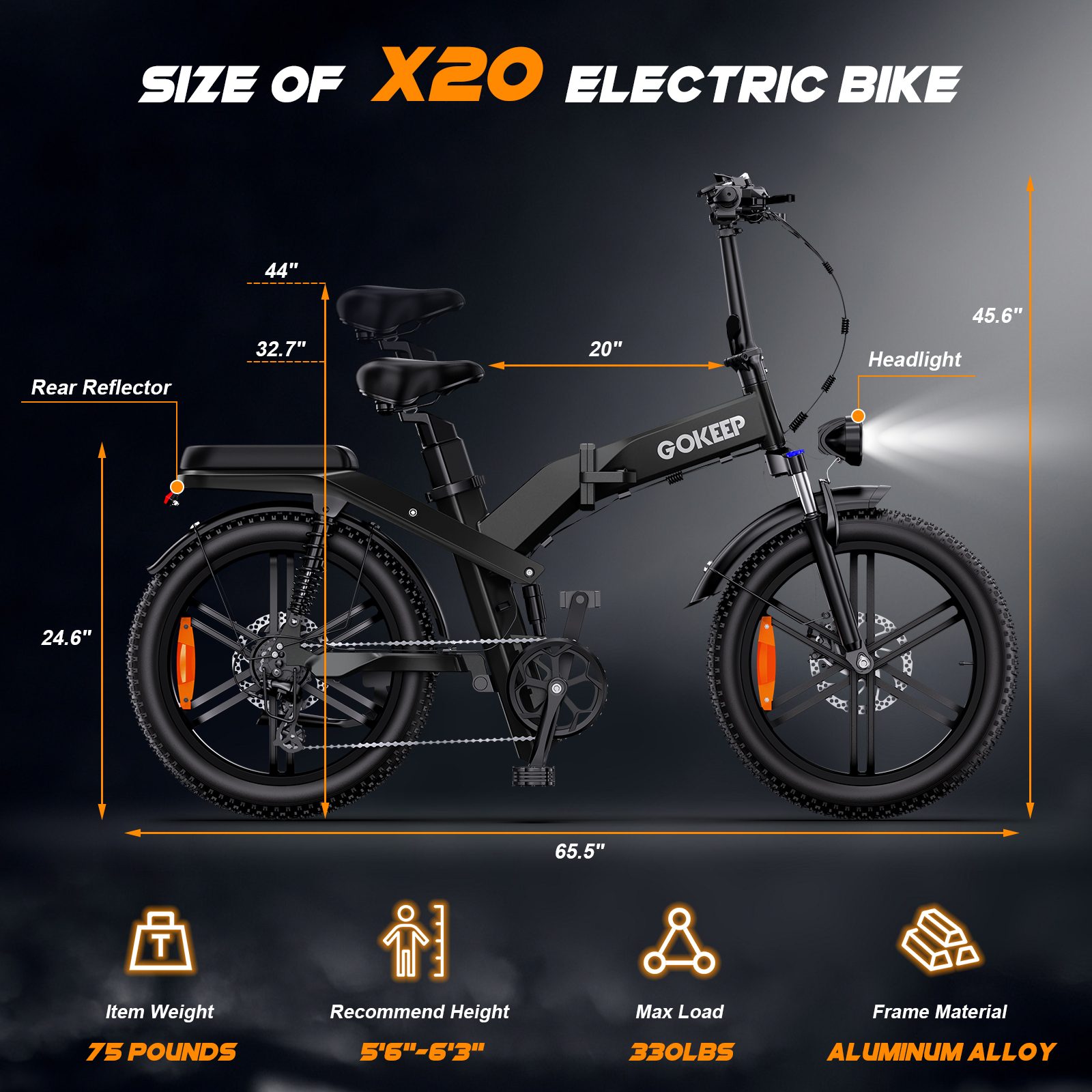 GOKEEP X20 Electric Bike for Adults, 1500W Peak Motor Electric Bicycle with 48V 21.3AH Removable Li Dual Battery, 20" x4.0 Fat Tire Folding Electric Dirt Bike, E-Mountain Bike, UL2849, Black