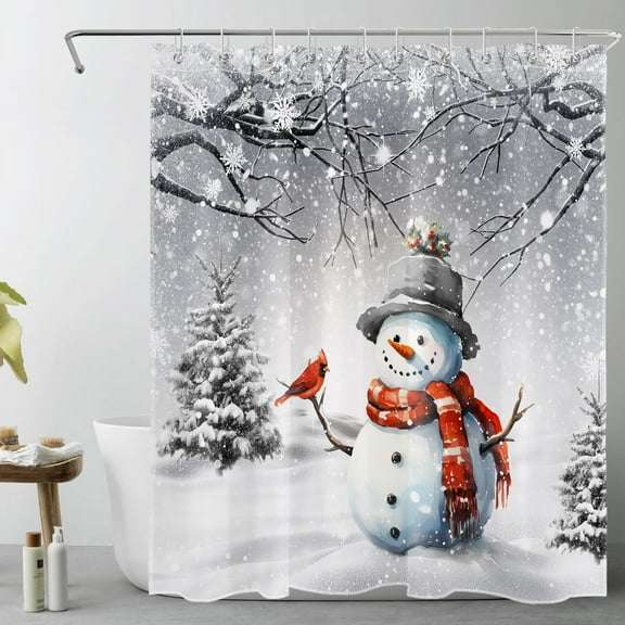 Winter Christmas Shower Curtain for Bathroom,Cute Snowman with Cardinals and Pine Tree on Snowfield Fabric Shower Curtain with Hooks,Forest Snow Scene Snowflake Bathroom Curtain Shower Set, 60x72 Inch